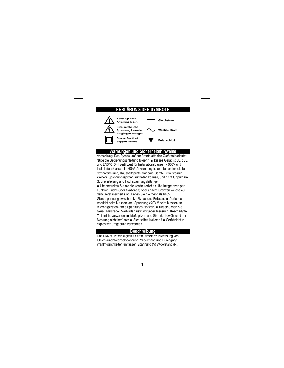 Erklärung der symbole, Warnungen und sicherheitshinweise, Beschreibung | Amprobe DM73C Digital-Multimeter User Manual | Page 37 / 55