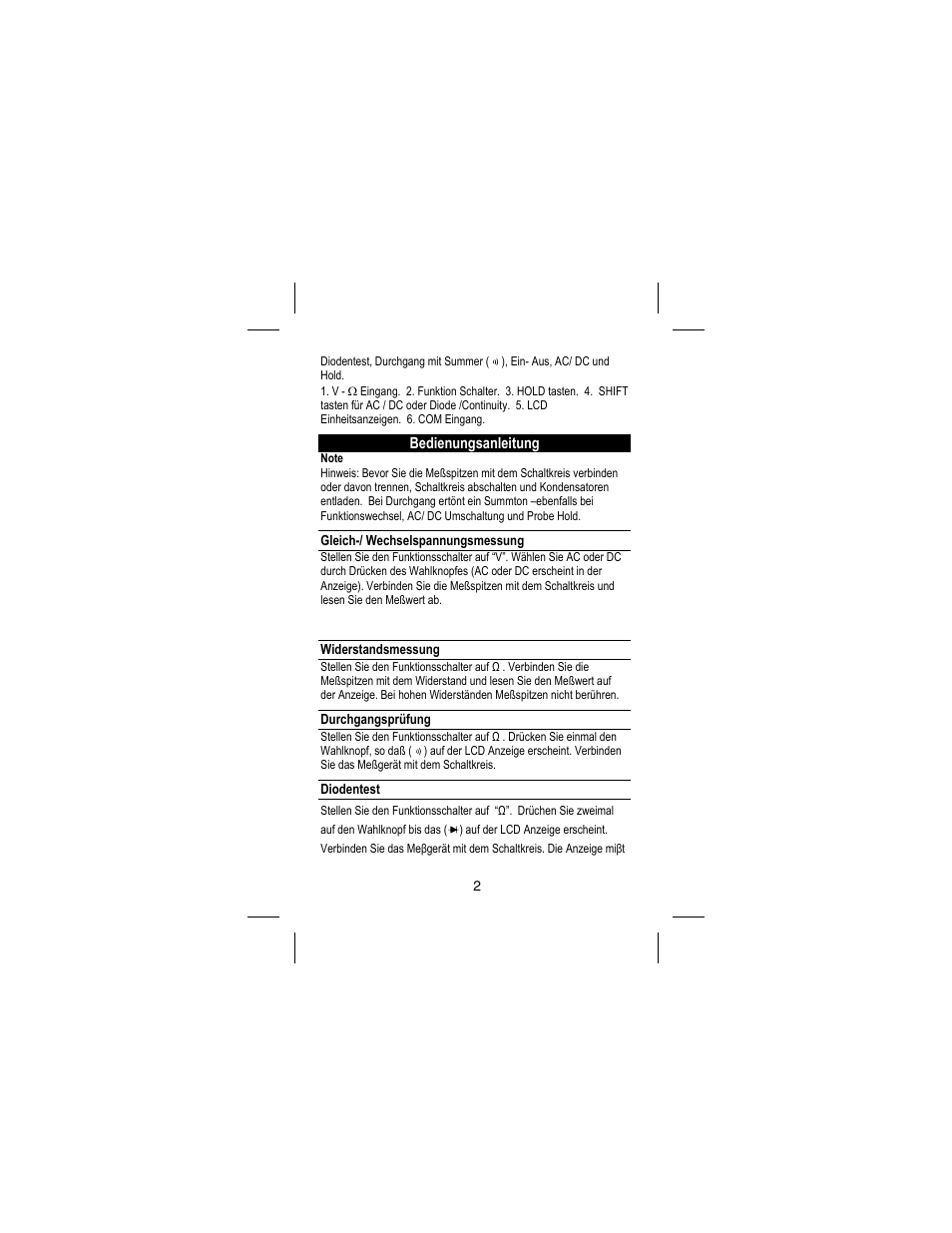 Bedienungsanleitung, Gleich-/ wechselspannungsmessung, Widerstandsmessung | Durchgangsprüfung, Diodentest | Amprobe DM73C Digital-Multimeter User Manual | Page 38 / 55