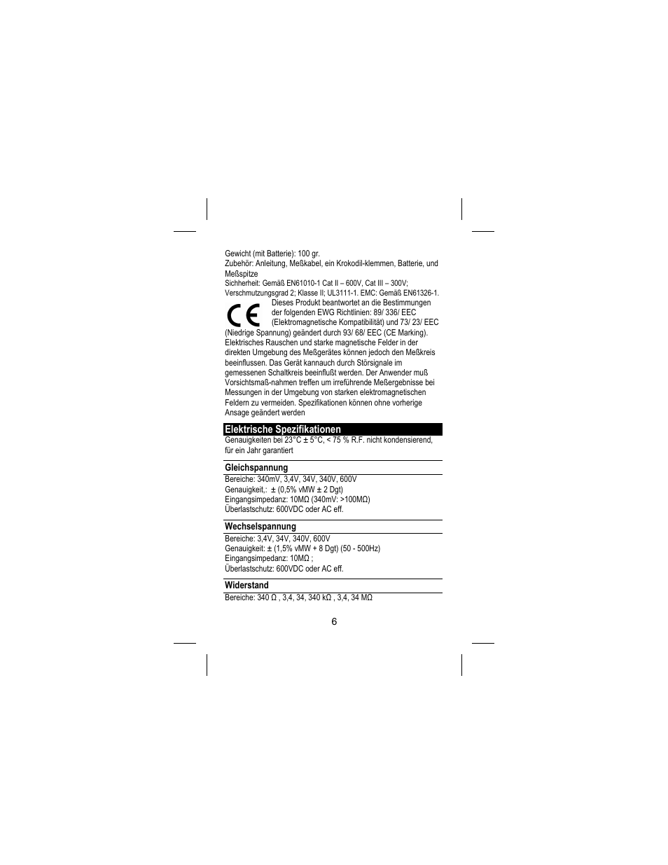 Elektrische spezifikationen, Gleichspannung, Wechselspannung | Widerstand | Amprobe DM73C Digital-Multimeter User Manual | Page 42 / 55