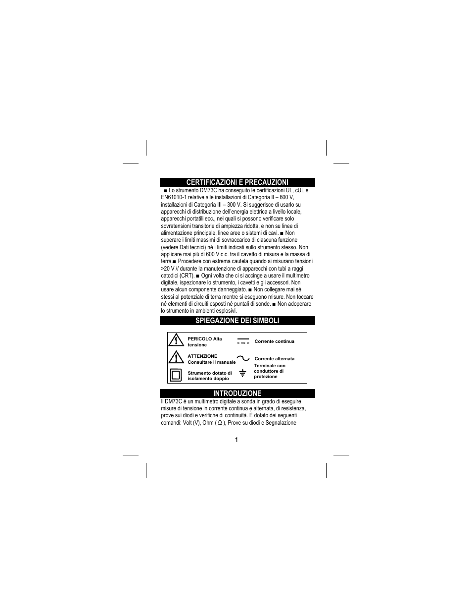 Certificazioni e precauzioni, Spiegazione dei simboli, Introduzione | Amprobe DM73C Digital-Multimeter User Manual | Page 47 / 55