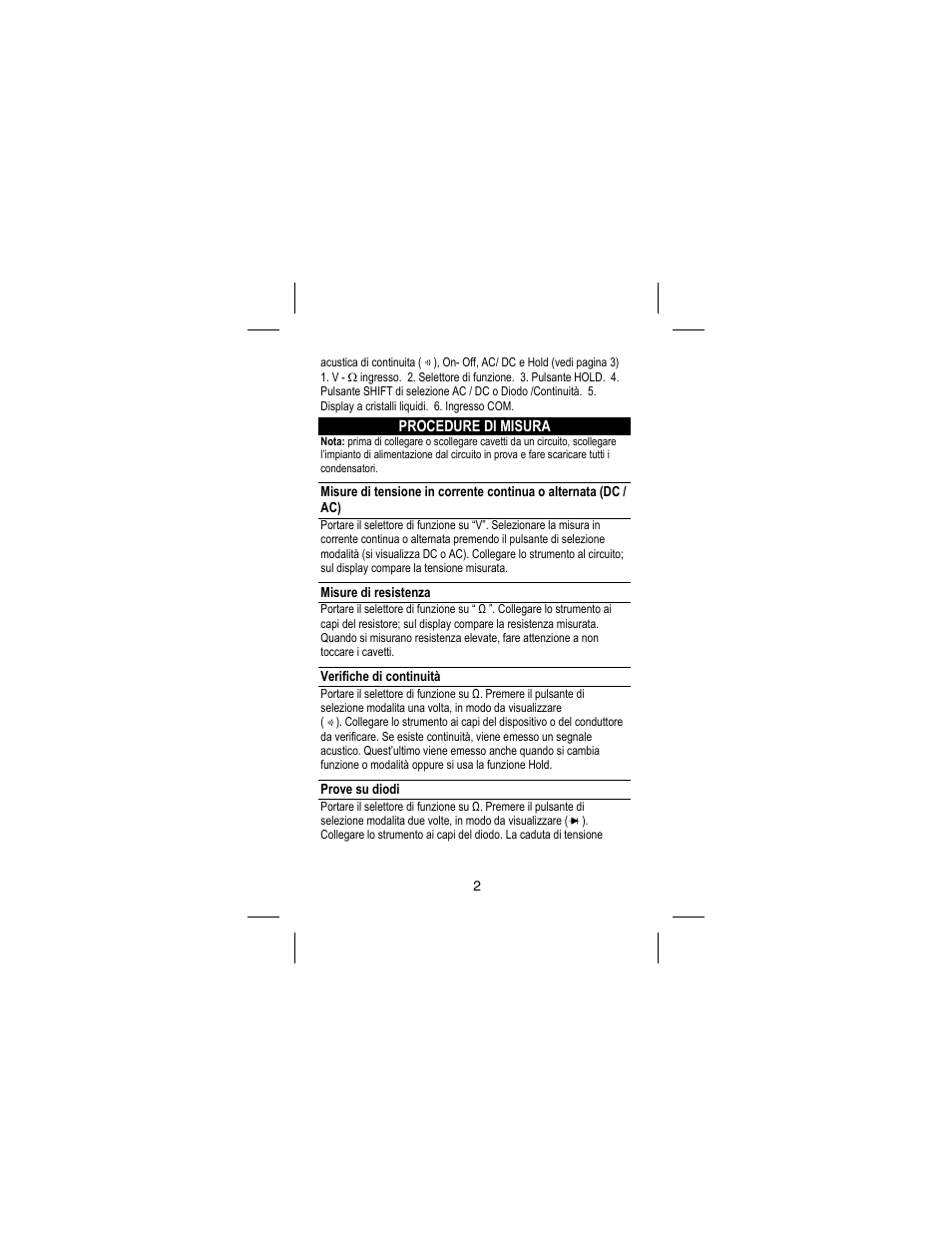 Procedure di misura, Misure di resistenza, Verifiche di continuità | Prove su diodi | Amprobe DM73C Digital-Multimeter User Manual | Page 48 / 55