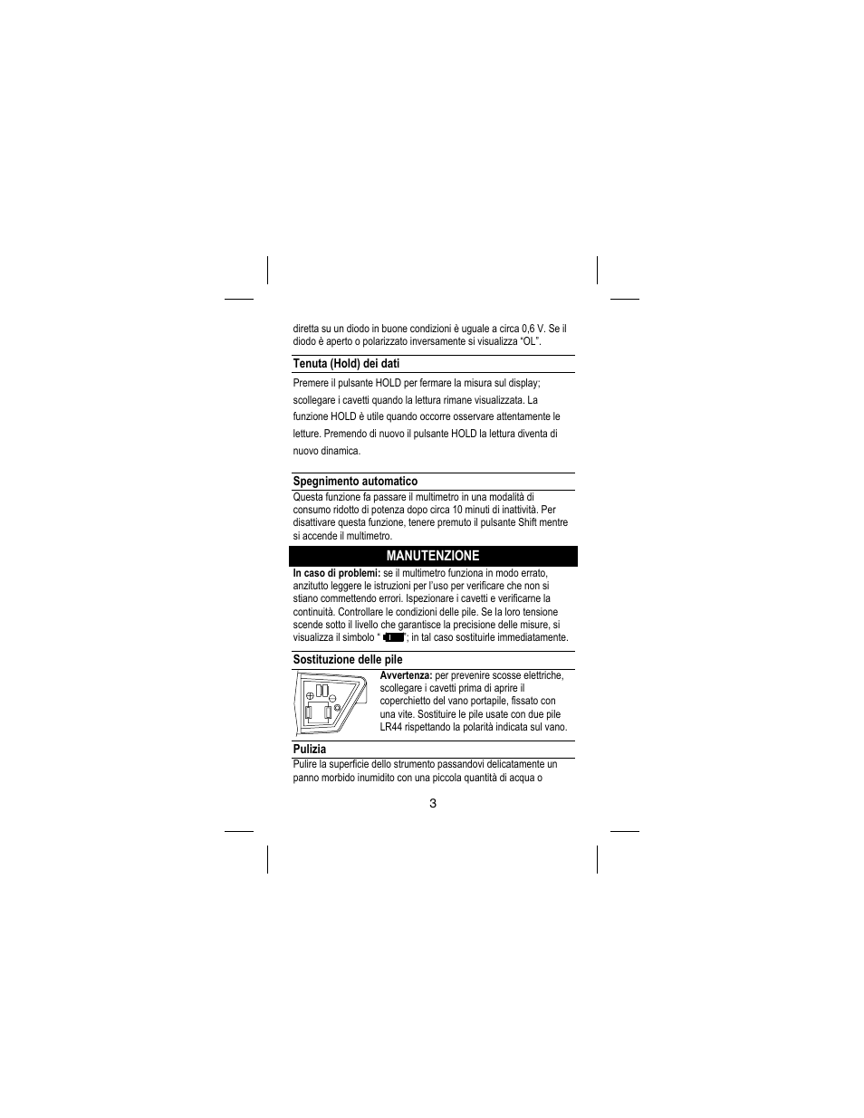 Manutenzione, Tenuta (hold) dei dati, Spegnimento automatico | Sostituzione delle pile, Pulizia | Amprobe DM73C Digital-Multimeter User Manual | Page 49 / 55
