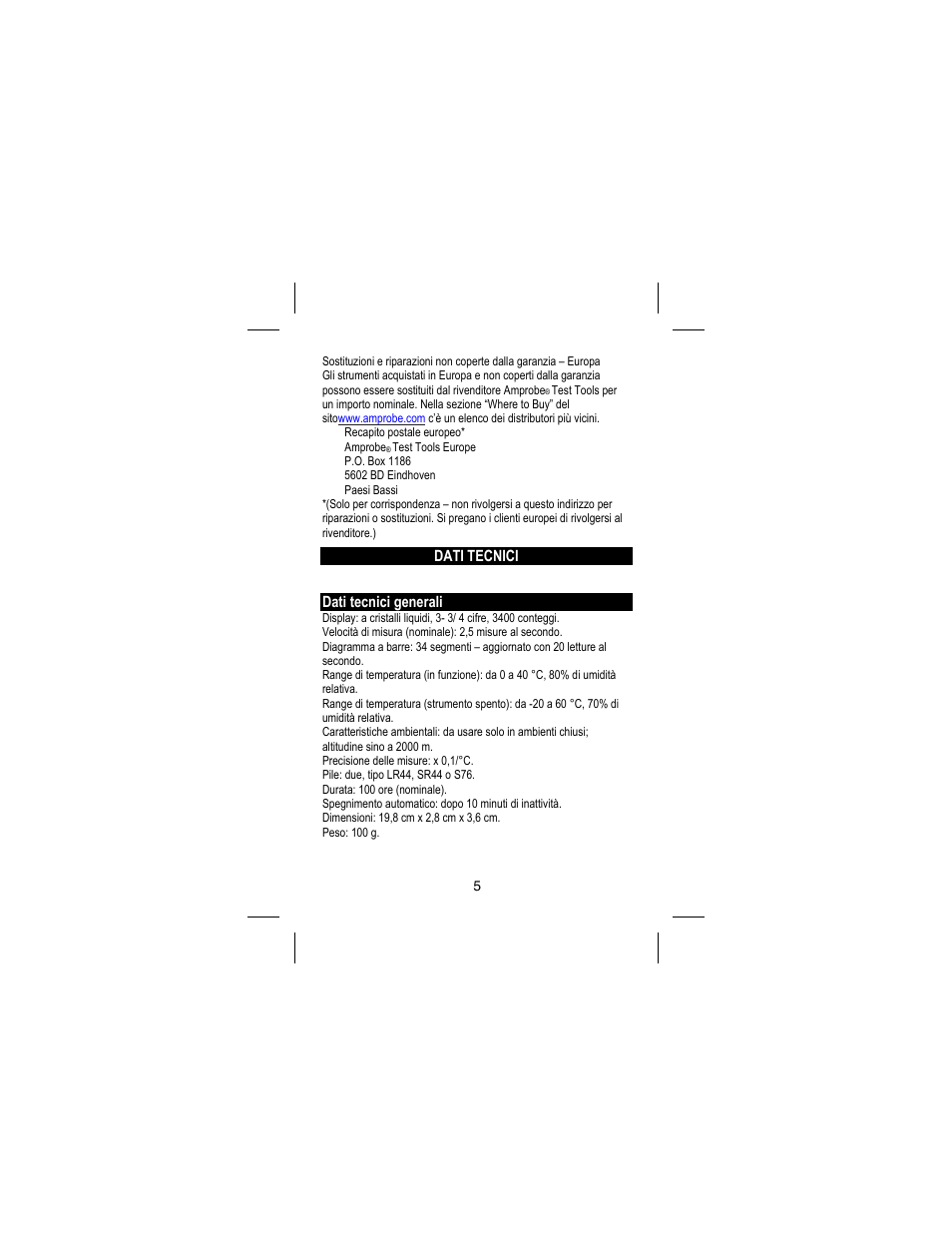 Dati tecnici, Dati tecnici generali | Amprobe DM73C Digital-Multimeter User Manual | Page 51 / 55