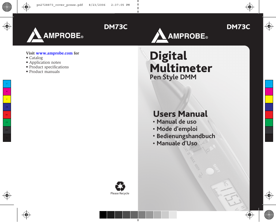 Digital multimeter, Users manual, Dm73c | Pen style dmm, Manual de uso, Mode d'emploi, Bedienungshandbuch, Manuale d'uso | Amprobe DM73C Digital-Multimeter User Manual | Page 55 / 55