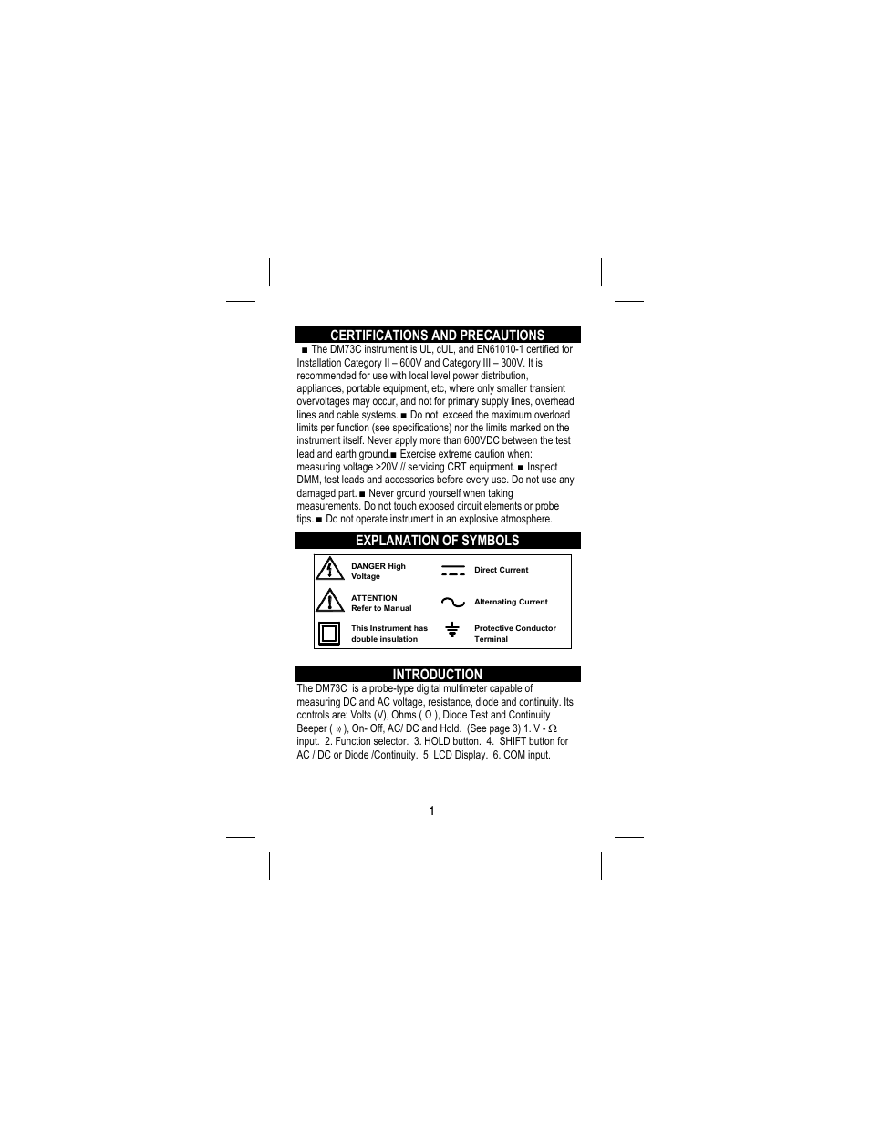 Certifications and precautions, Explanation of symbols, Introduction | Amprobe DM73C Digital-Multimeter User Manual | Page 7 / 55