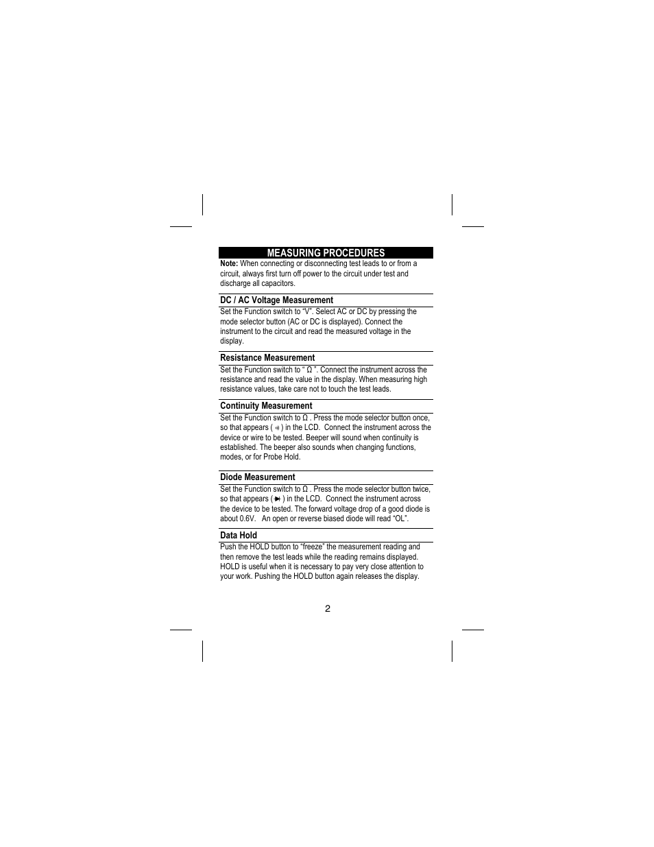 Measuring procedures, Dc / ac voltage measurement, Resistance measurement | Continuity measurement, Diode measurement, Data hold | Amprobe DM73C Digital-Multimeter User Manual | Page 8 / 55