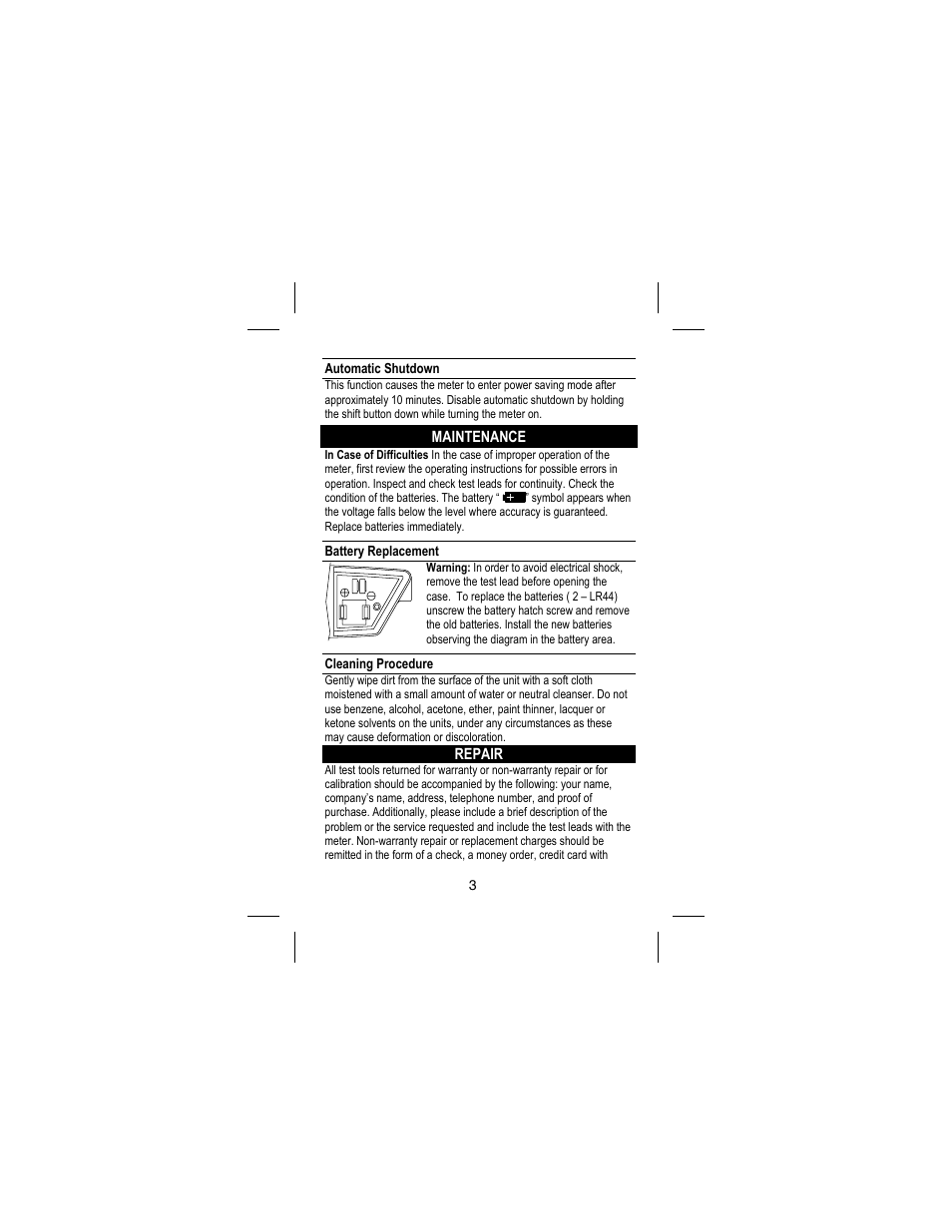 Maintenance, Repair, 3 automatic shutdown | Battery replacement, Cleaning procedure | Amprobe DM73C Digital-Multimeter User Manual | Page 9 / 55