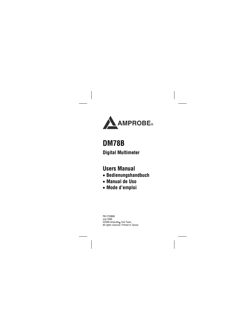 English, Dm78b, Users manual | Digital multimeter, Bedienungshandbuch • manual de uso • mode d’emploi | Amprobe DM78B Digital-Multimeter User Manual | Page 3 / 35