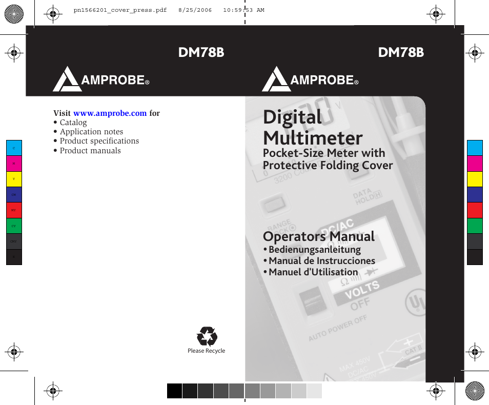 Digital multimeter, Dm78b, Operators manual | Pocket-size meter with protective folding cover | Amprobe DM78B Digital-Multimeter User Manual | Page 35 / 35