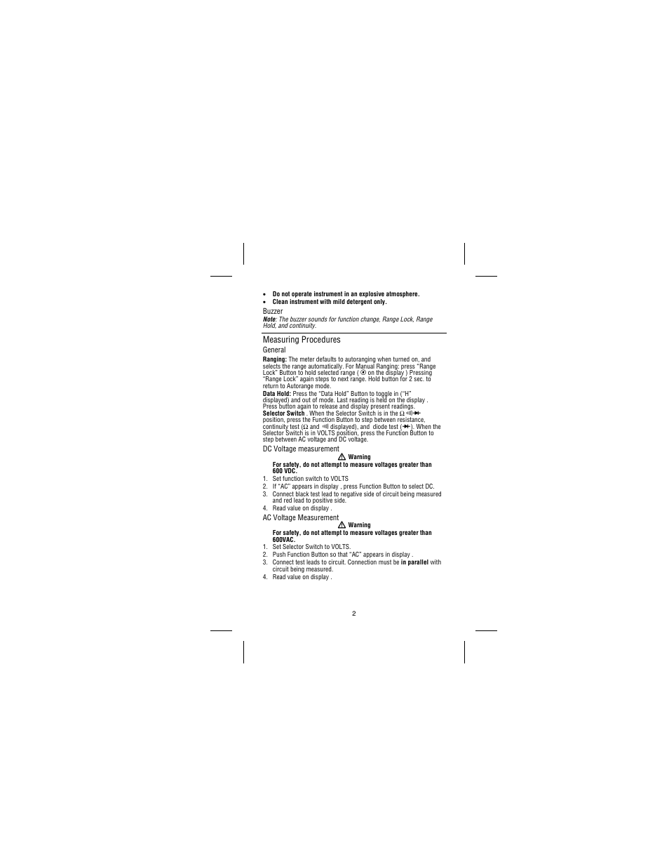 Measuring procedures | Amprobe DM78B Digital-Multimeter User Manual | Page 6 / 35