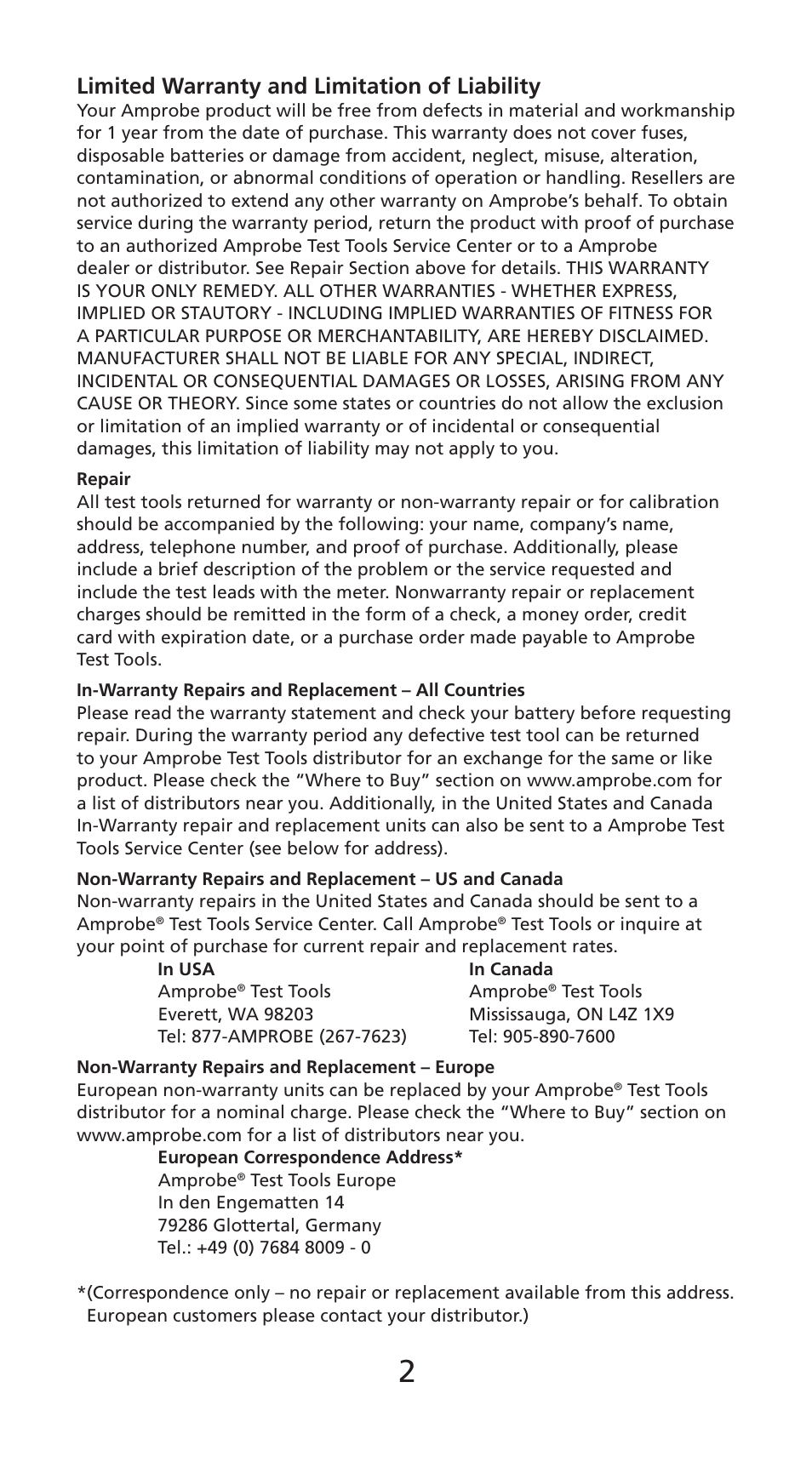 Limited warranty and limitation of liability | Amprobe DM78C Digital-Pocket-Multimeter User Manual | Page 3 / 95