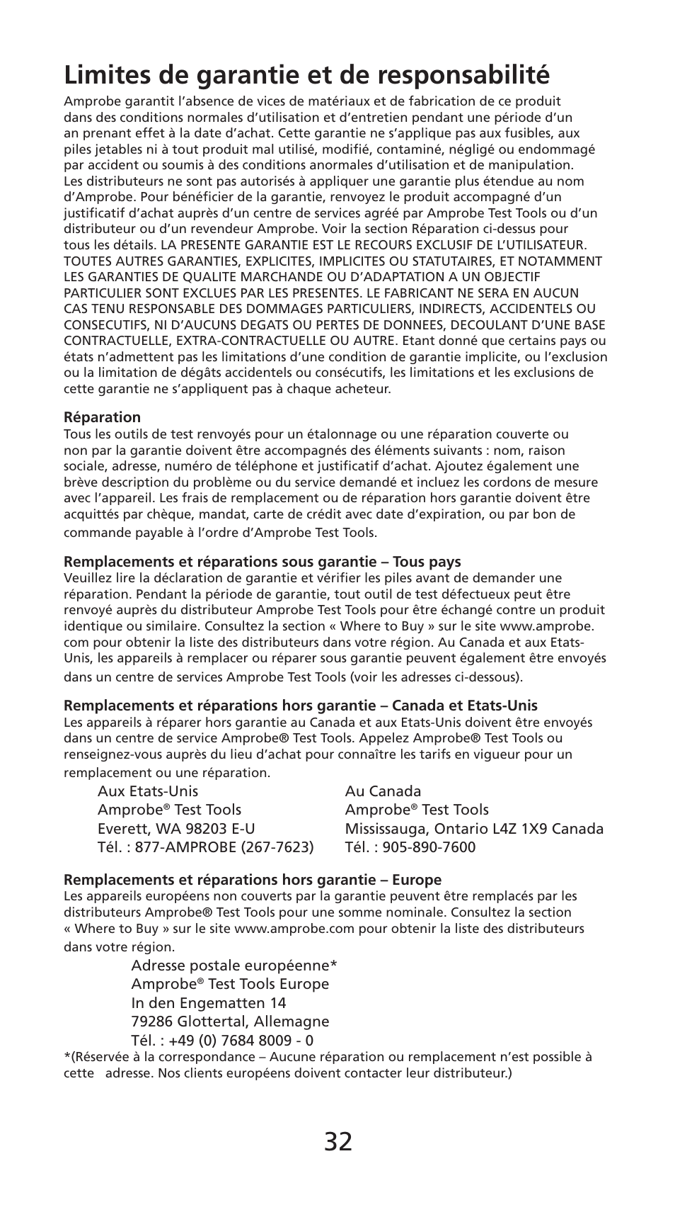 32 limites de garantie et de responsabilité | Amprobe DM78C Digital-Pocket-Multimeter User Manual | Page 33 / 95