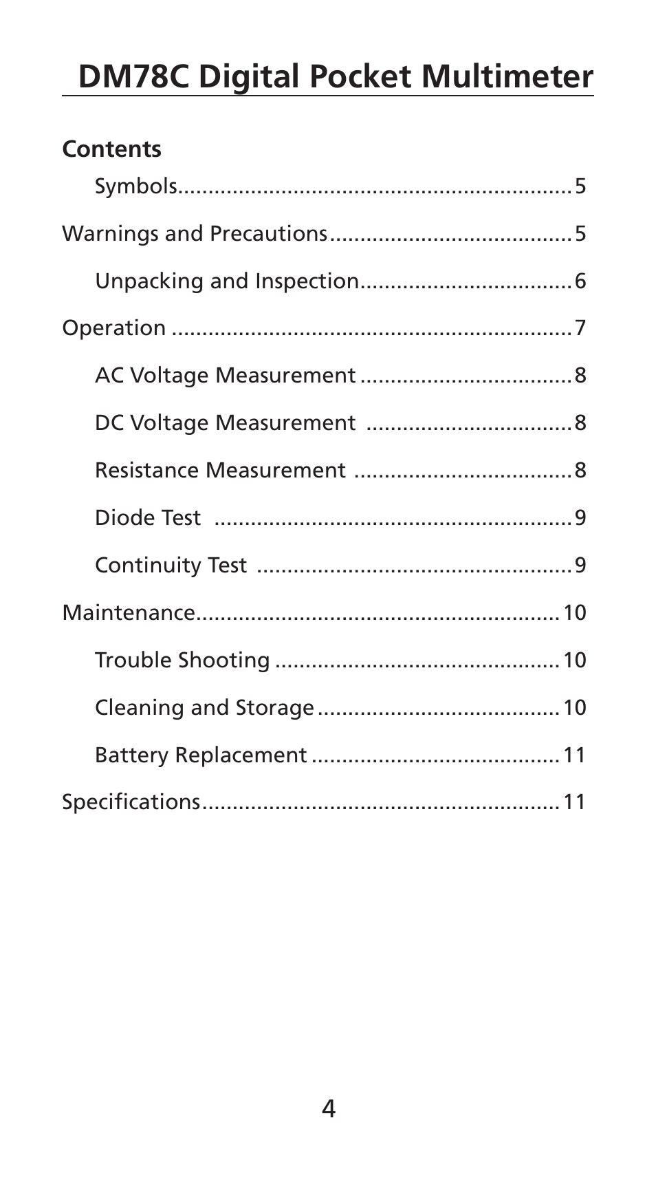 Dm78c digital pocket multimeter | Amprobe DM78C Digital-Pocket-Multimeter User Manual | Page 5 / 95