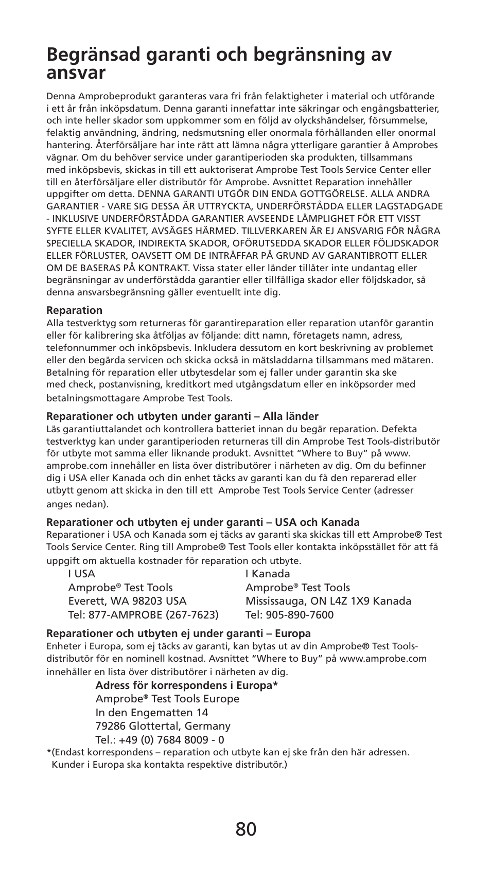 80 begränsad garanti och begränsning av ansvar | Amprobe DM78C Digital-Pocket-Multimeter User Manual | Page 81 / 95