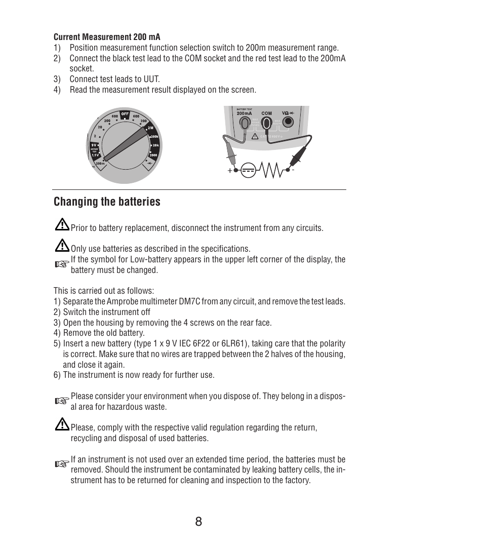 Changing the batteries | Amprobe DM7C Digital-Multimeter User Manual | Page 10 / 76