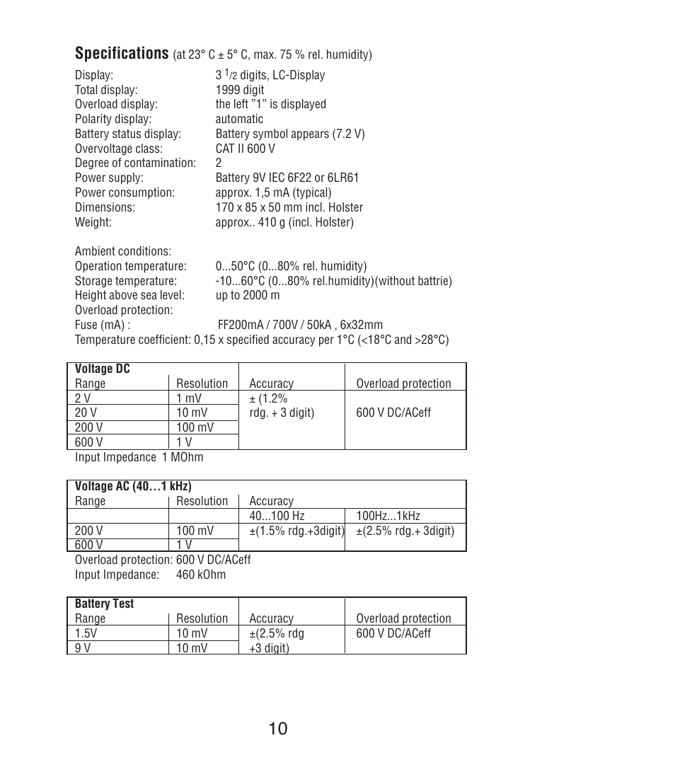 Specifications | Amprobe DM7C Digital-Multimeter User Manual | Page 12 / 76