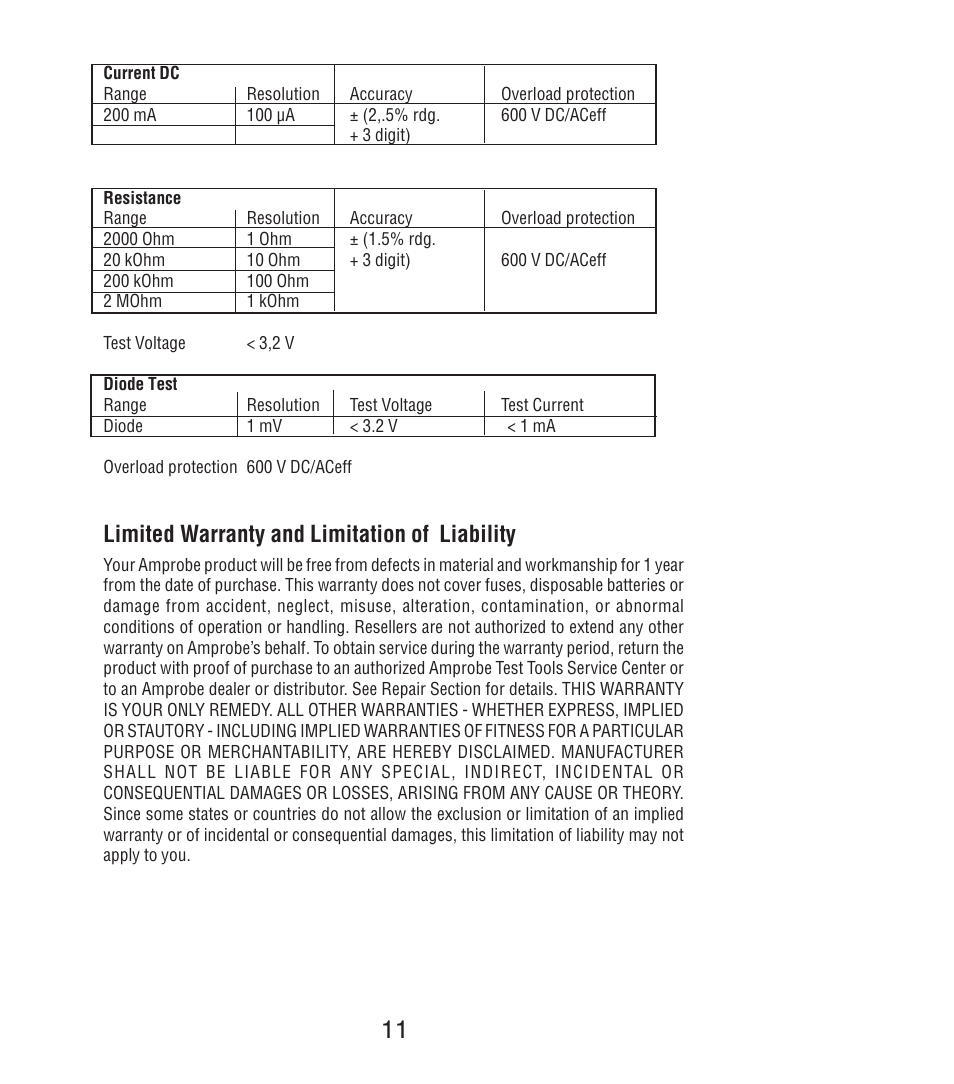 Limited warranty and limitation of liability | Amprobe DM7C Digital-Multimeter User Manual | Page 13 / 76