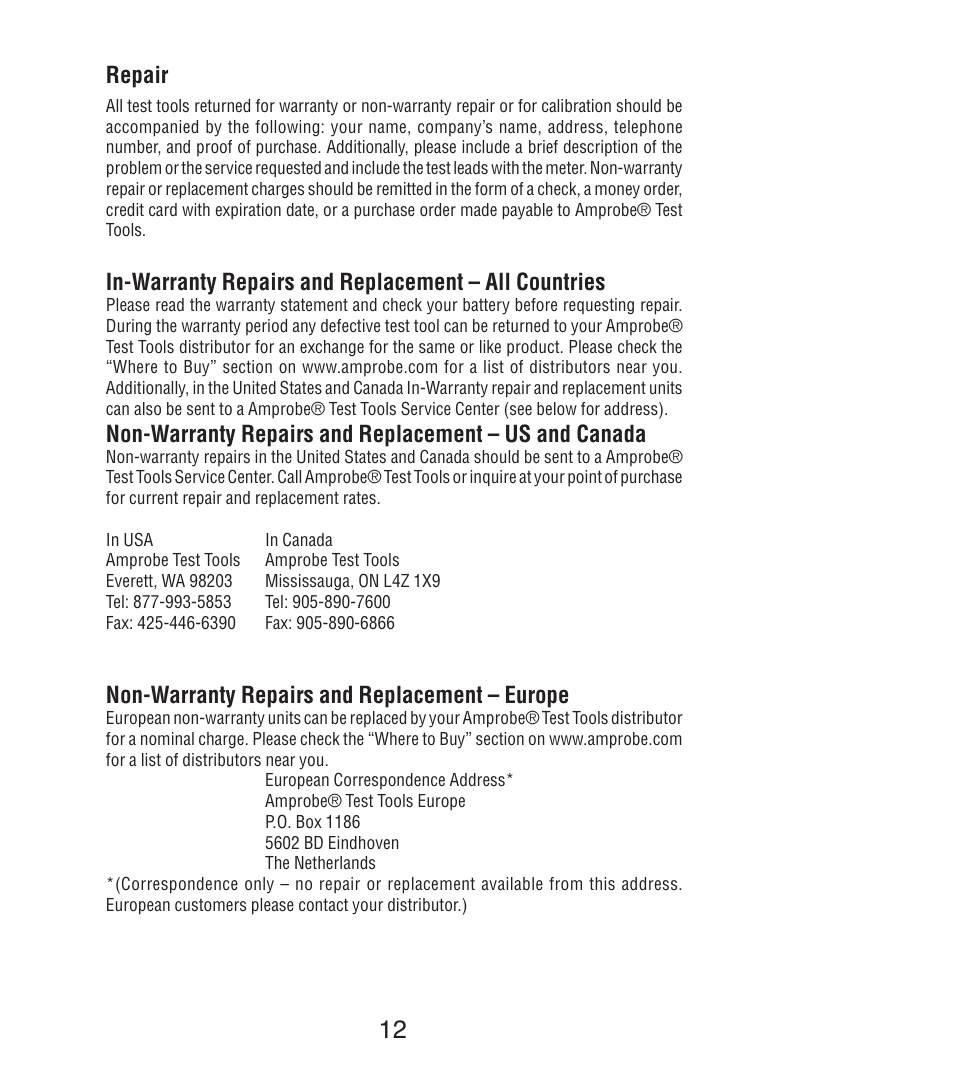 Repair, Non-warranty repairs and replacement – europe | Amprobe DM7C Digital-Multimeter User Manual | Page 14 / 76