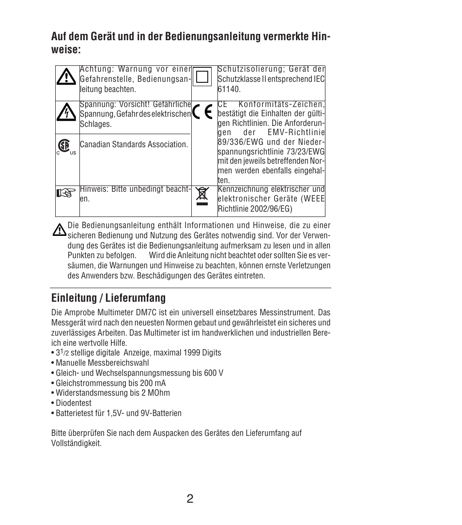 Einleitung / lieferumfang | Amprobe DM7C Digital-Multimeter User Manual | Page 16 / 76