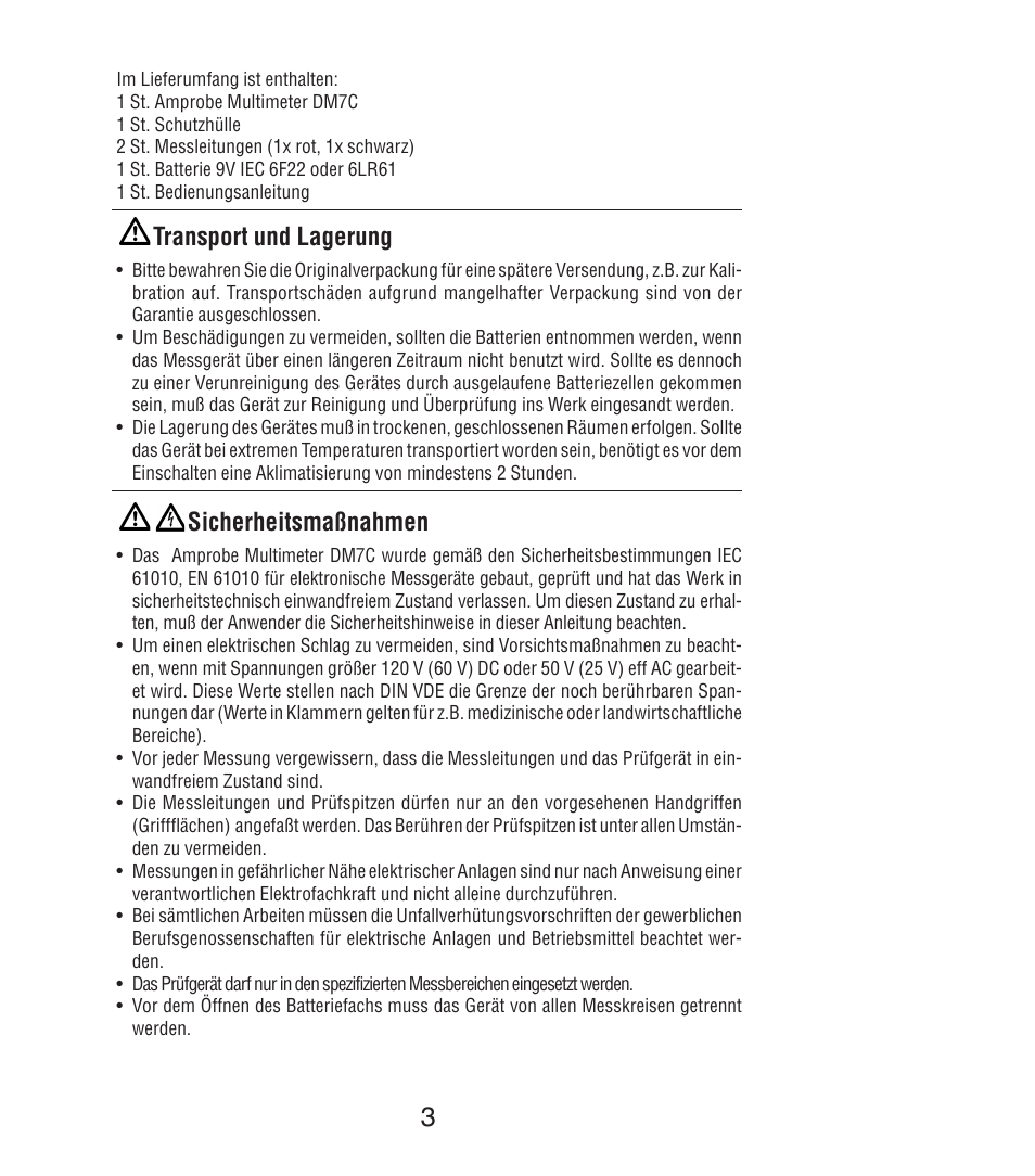 Transport und lagerung, Sicherheitsmaßnahmen | Amprobe DM7C Digital-Multimeter User Manual | Page 17 / 76