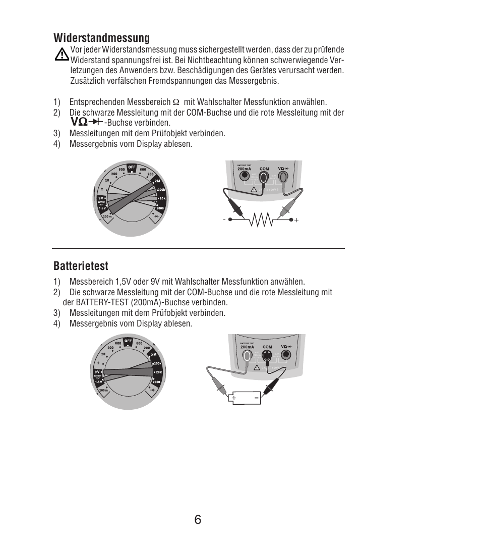 Widerstandmessung, Batterietest | Amprobe DM7C Digital-Multimeter User Manual | Page 20 / 76