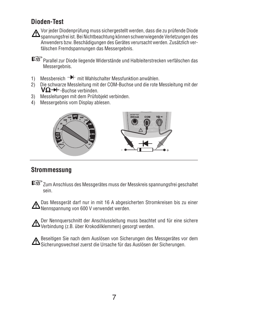 Dioden-test, Strommessung | Amprobe DM7C Digital-Multimeter User Manual | Page 21 / 76