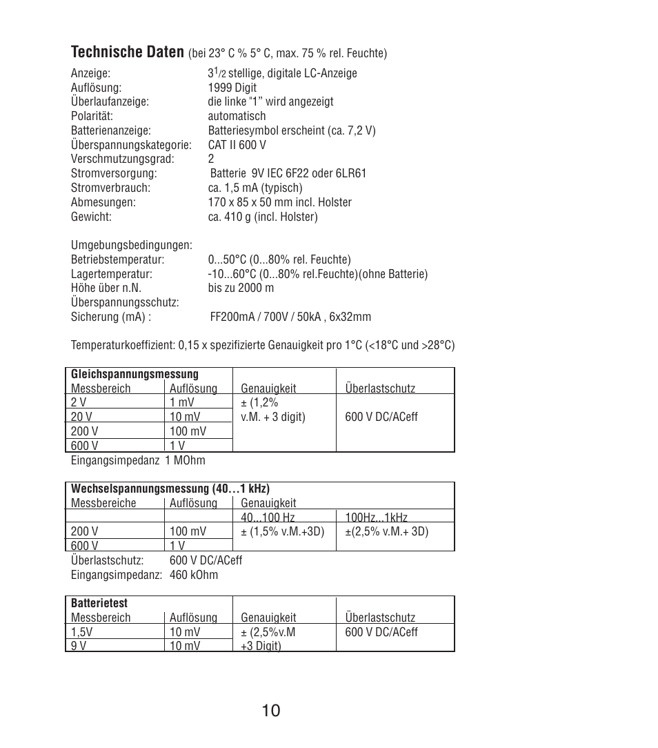 Technische daten | Amprobe DM7C Digital-Multimeter User Manual | Page 24 / 76