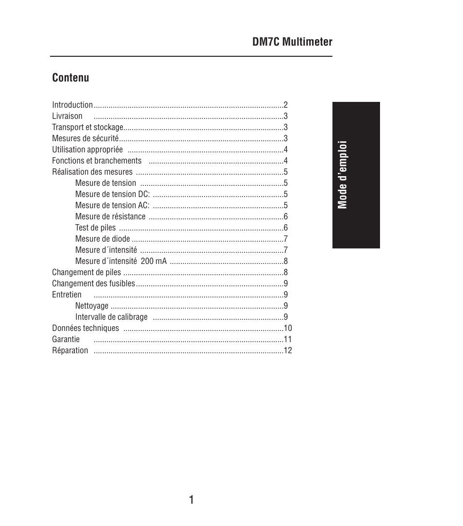 Contenu, Mode d’emploi dm7c multimeter | Amprobe DM7C Digital-Multimeter User Manual | Page 27 / 76