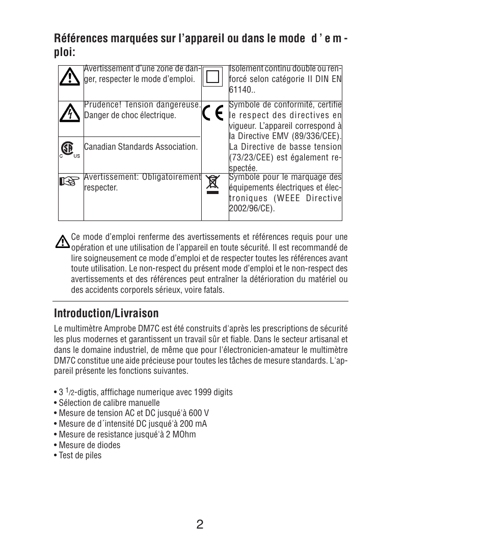 Introduction/livraison | Amprobe DM7C Digital-Multimeter User Manual | Page 28 / 76