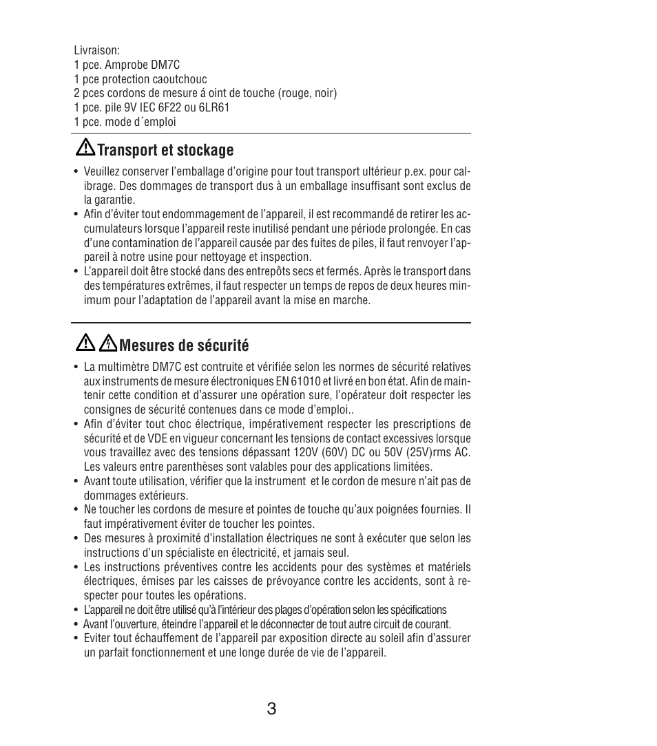 Transport et stockage, Mesures de sécurité | Amprobe DM7C Digital-Multimeter User Manual | Page 29 / 76