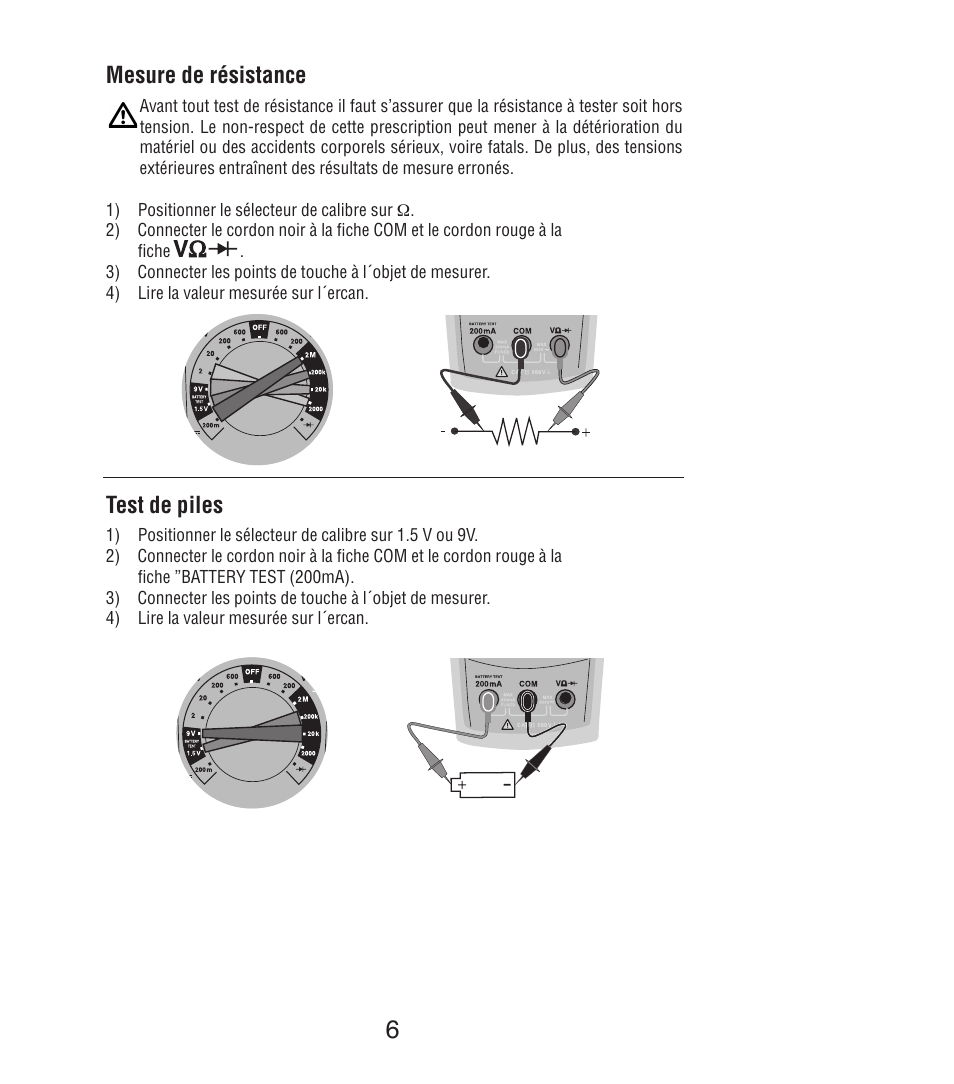 Mesure de résistance, Test de piles | Amprobe DM7C Digital-Multimeter User Manual | Page 32 / 76