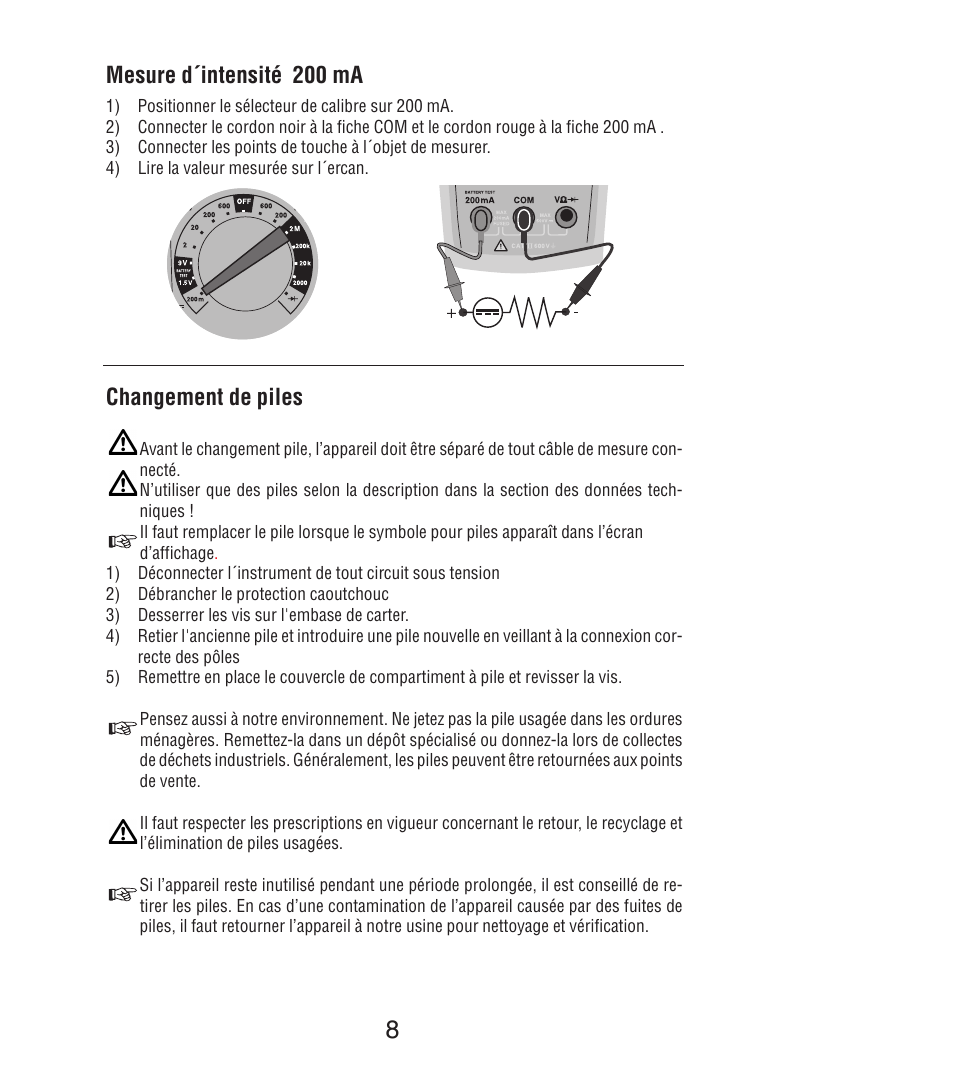 Mesure d´intensité 200 ma, Changement de piles | Amprobe DM7C Digital-Multimeter User Manual | Page 34 / 76