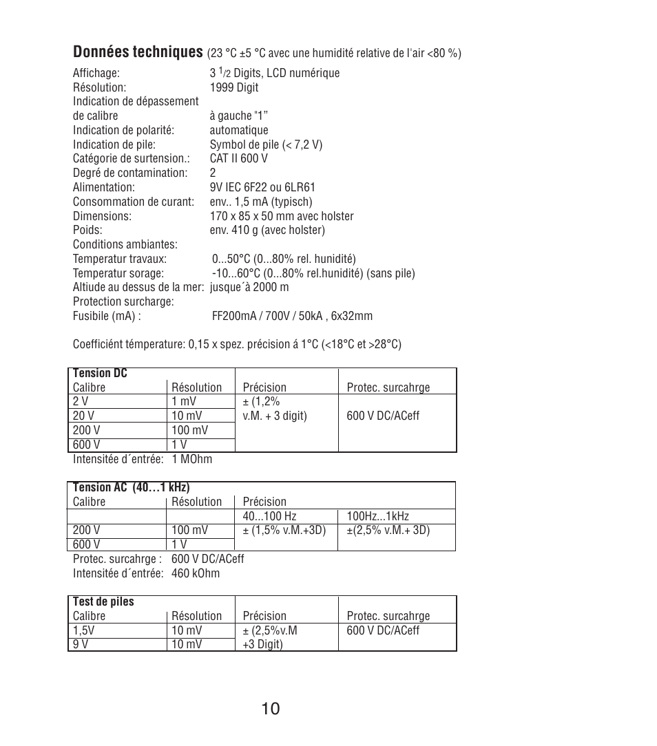 Données techniques | Amprobe DM7C Digital-Multimeter User Manual | Page 36 / 76