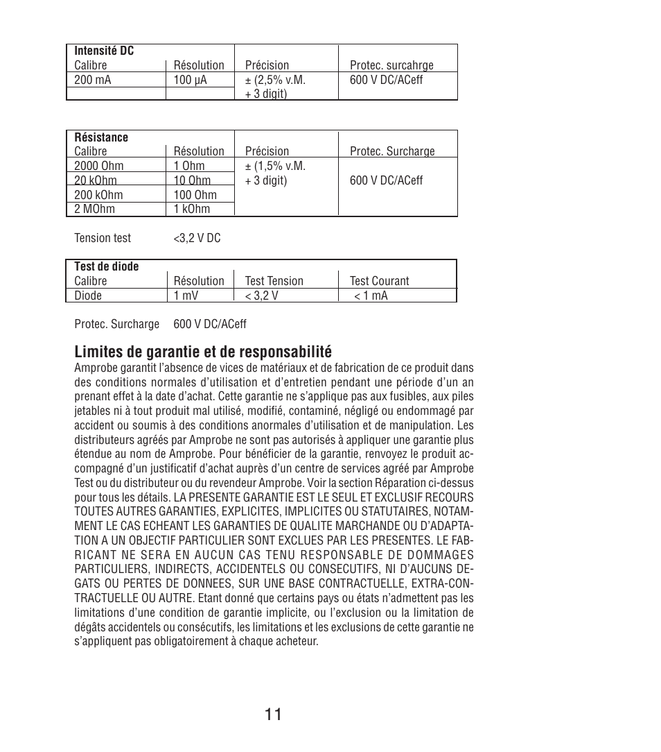 Limites de garantie et de responsabilité | Amprobe DM7C Digital-Multimeter User Manual | Page 37 / 76