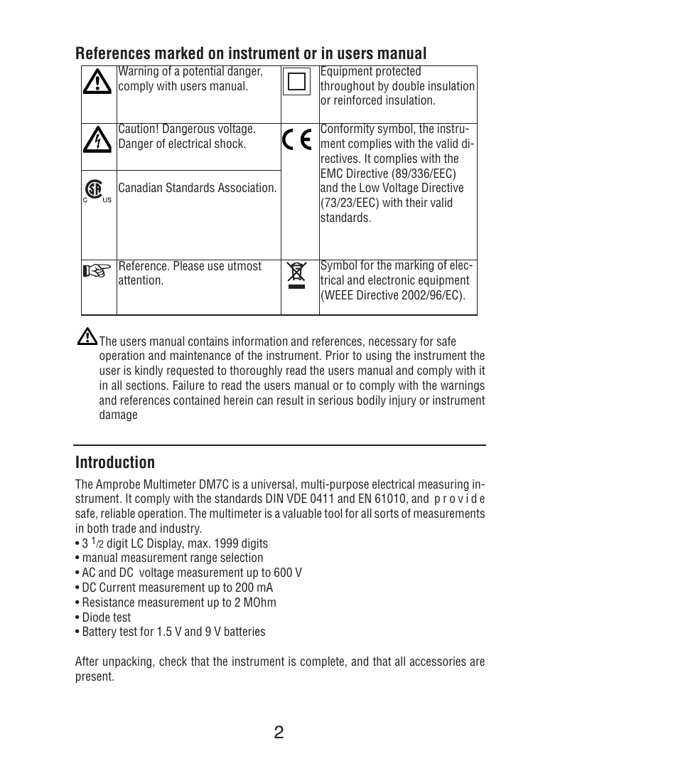 References marked on instrument or in users manual, Introduction | Amprobe DM7C Digital-Multimeter User Manual | Page 4 / 76