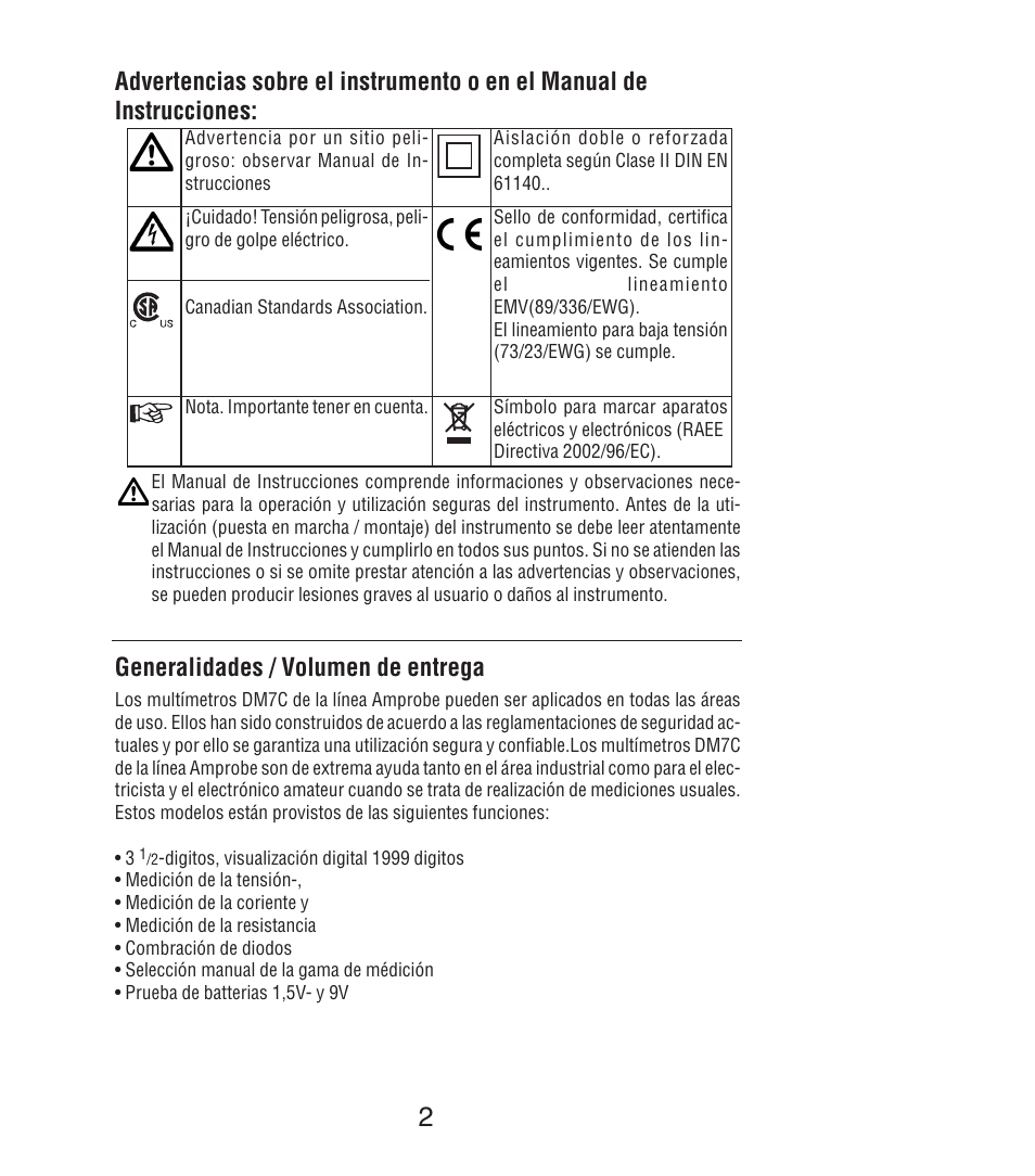 Generalidades / volumen de entrega | Amprobe DM7C Digital-Multimeter User Manual | Page 40 / 76