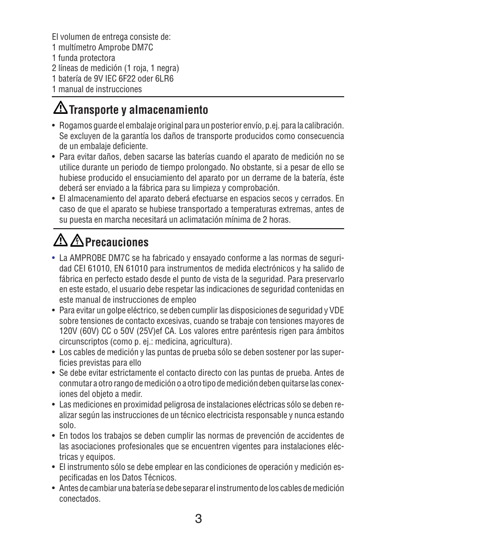 Transporte y almacenamiento, Precauciones | Amprobe DM7C Digital-Multimeter User Manual | Page 41 / 76