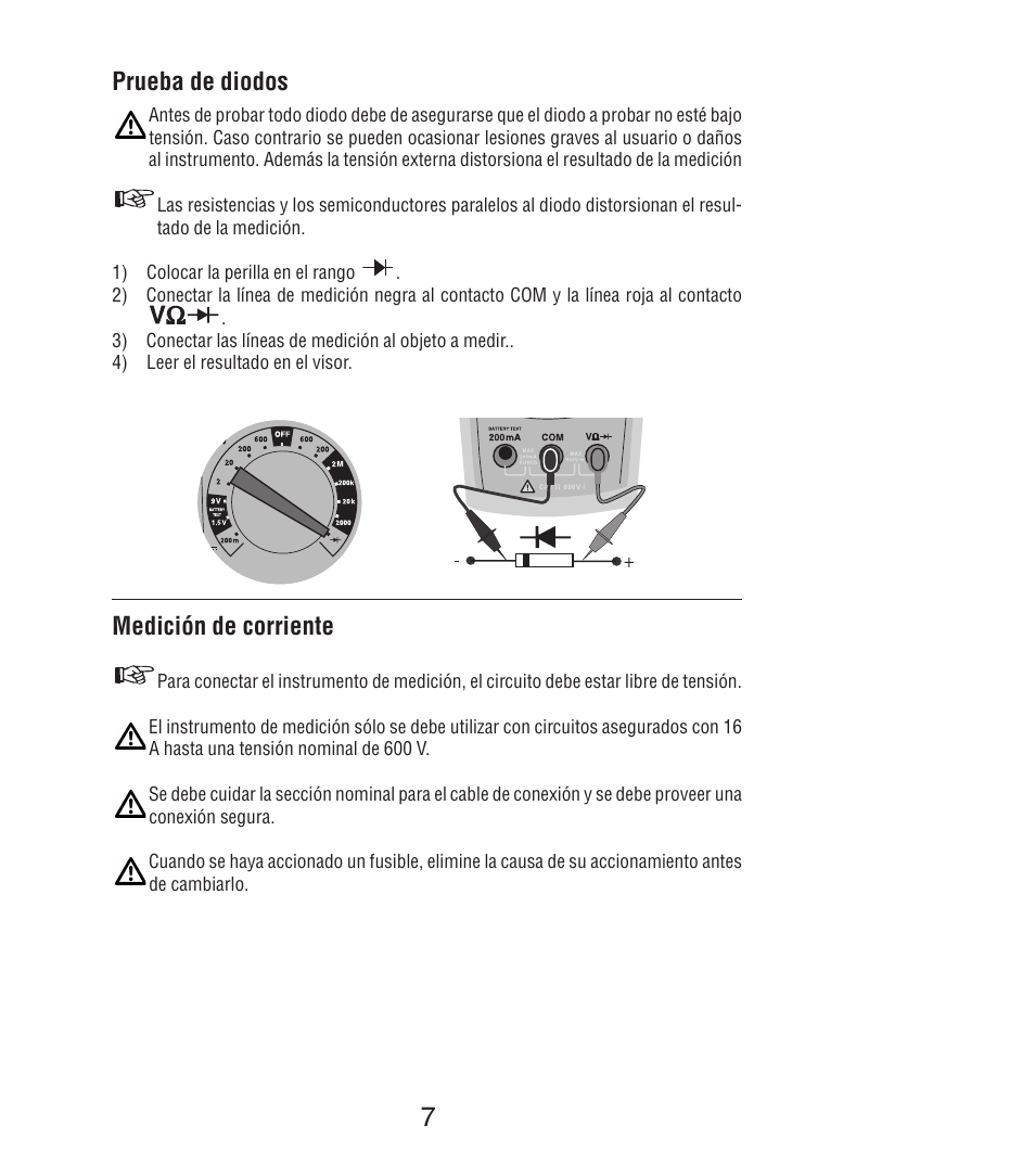 Prueba de diodos, Medición de corriente | Amprobe DM7C Digital-Multimeter User Manual | Page 45 / 76