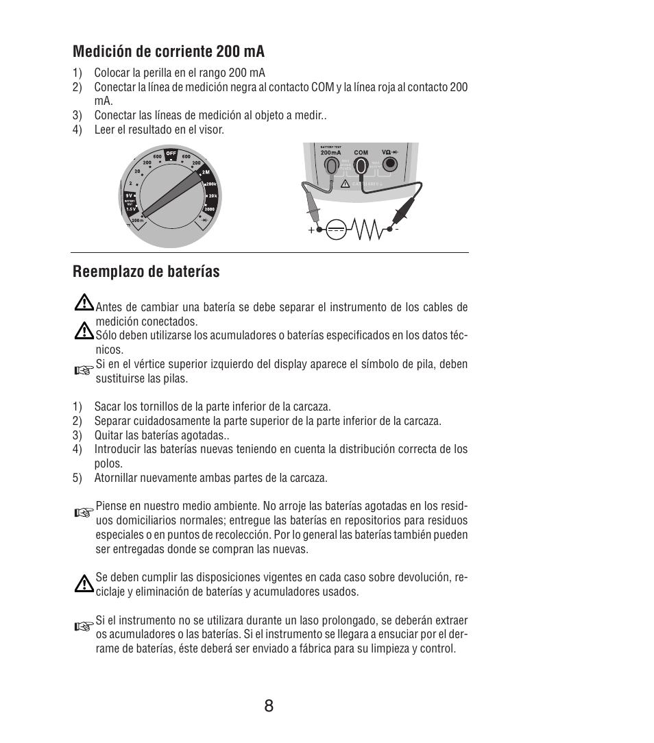 Medición de corriente 200 ma, Reemplazo de baterías | Amprobe DM7C Digital-Multimeter User Manual | Page 46 / 76