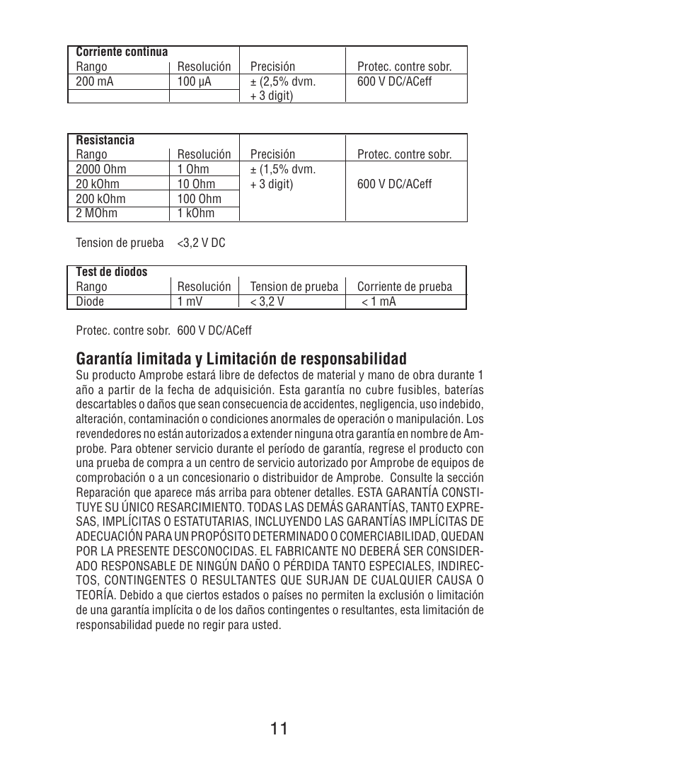 Garantía limitada y limitación de responsabilidad | Amprobe DM7C Digital-Multimeter User Manual | Page 49 / 76