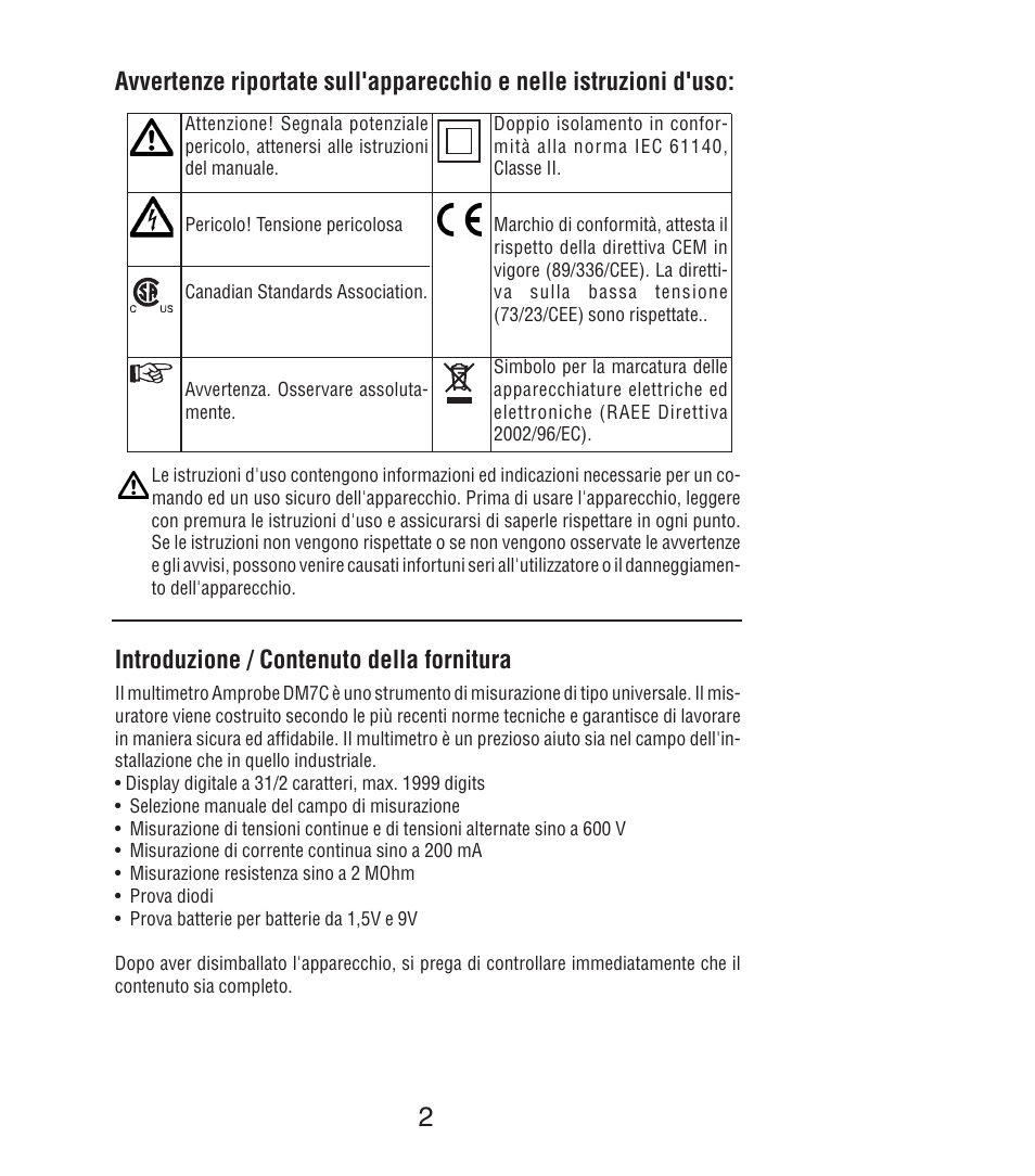 Introduzione / contenuto della fornitura | Amprobe DM7C Digital-Multimeter User Manual | Page 52 / 76