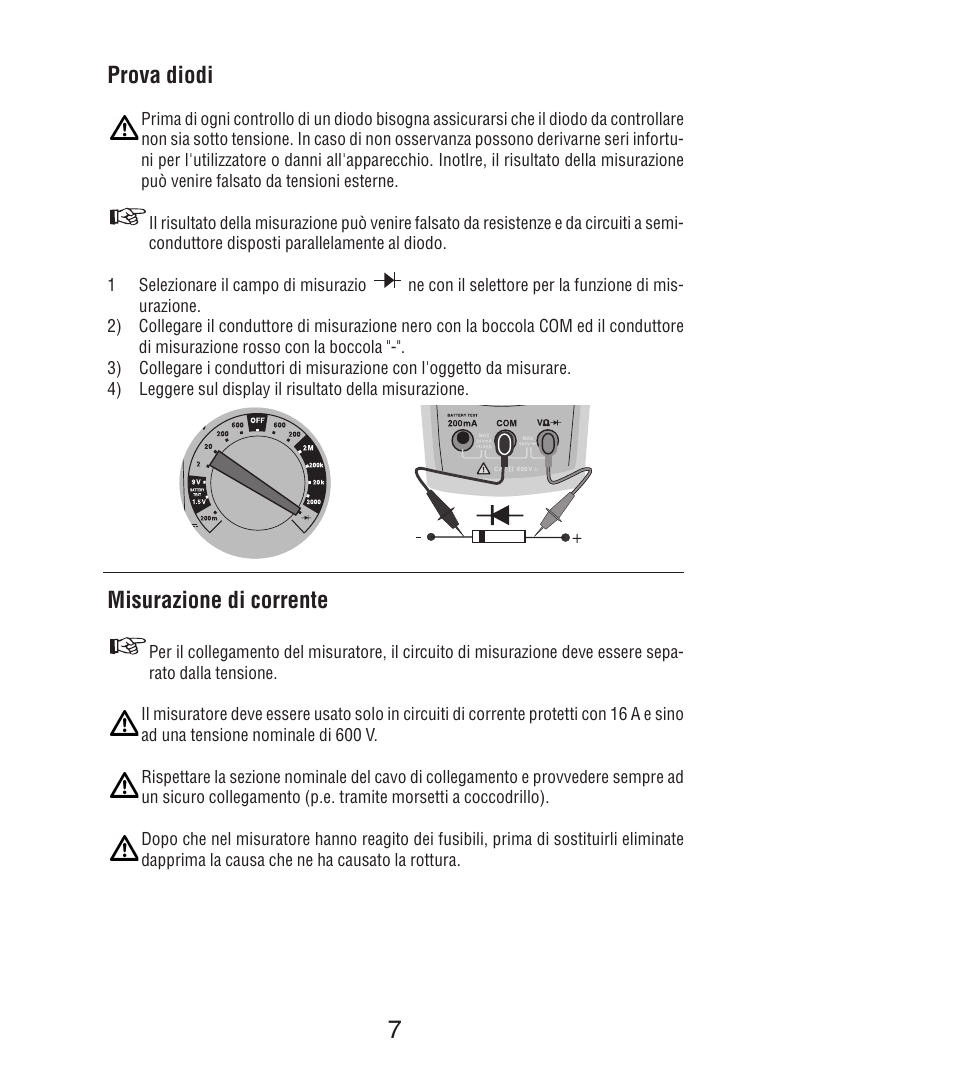 Prova diodi, Misurazione di corrente | Amprobe DM7C Digital-Multimeter User Manual | Page 57 / 76