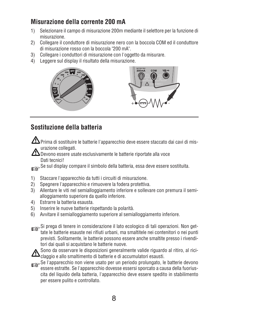 Misurazione della corrente 200 ma, Sostituzione della batteria | Amprobe DM7C Digital-Multimeter User Manual | Page 58 / 76