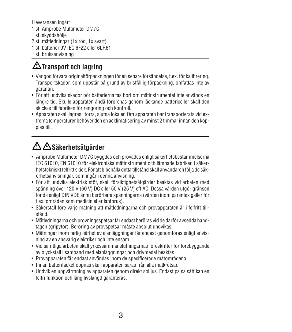 Transport och lagring, Säkerhetsåtgärder | Amprobe DM7C Digital-Multimeter User Manual | Page 65 / 76