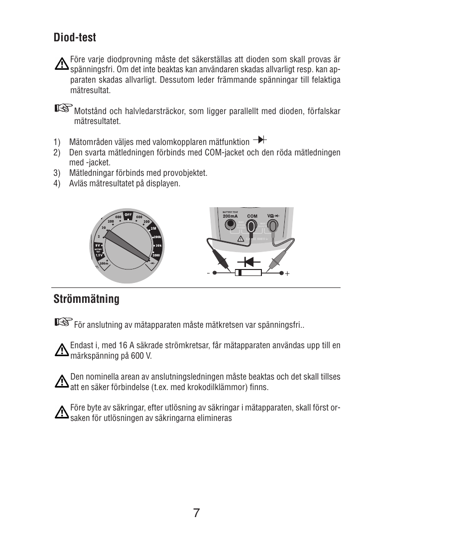 Diod-test, Strömmätning | Amprobe DM7C Digital-Multimeter User Manual | Page 69 / 76
