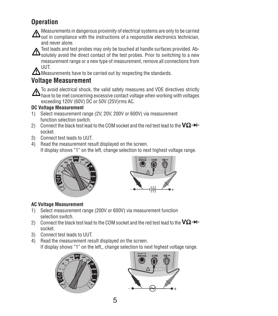Operation, Voltage measurement | Amprobe DM7C Digital-Multimeter User Manual | Page 7 / 76