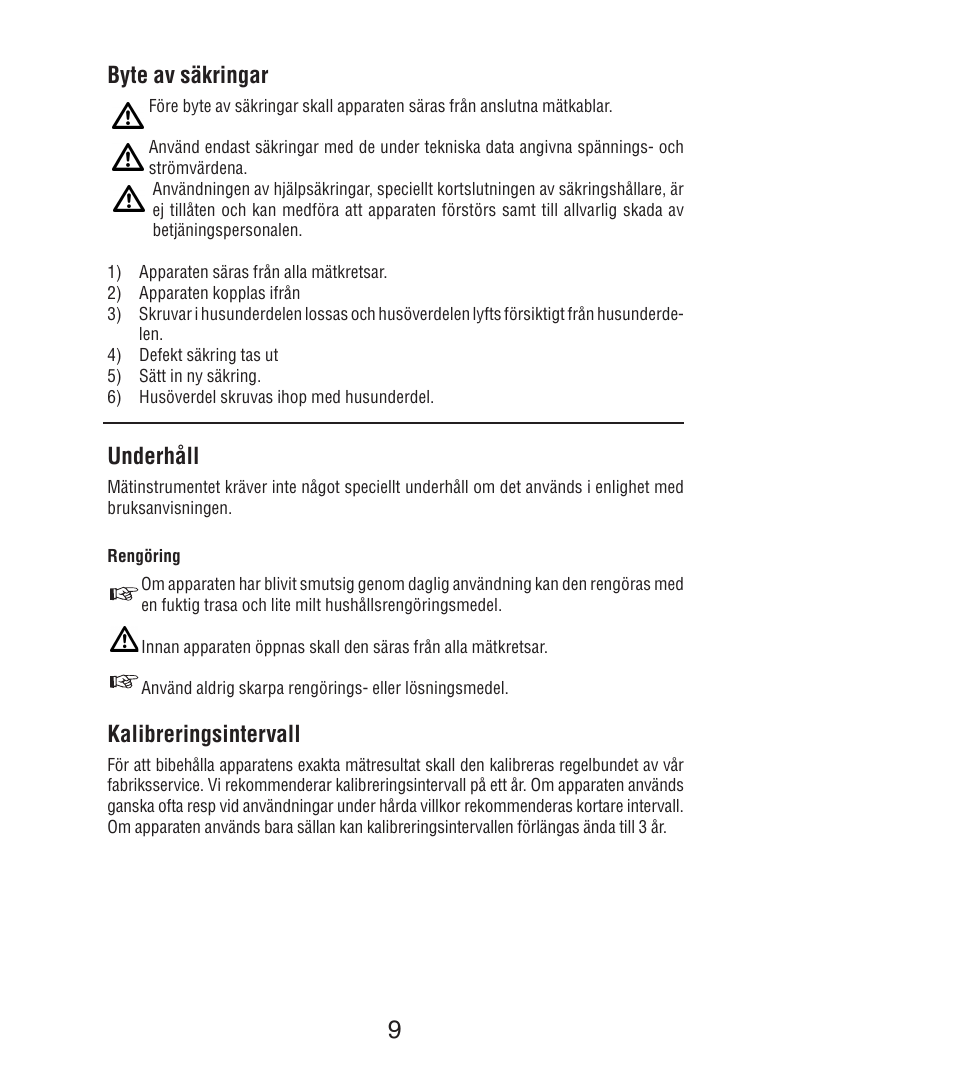 Byte av säkringar, Underhåll, Kalibreringsintervall | Amprobe DM7C Digital-Multimeter User Manual | Page 71 / 76