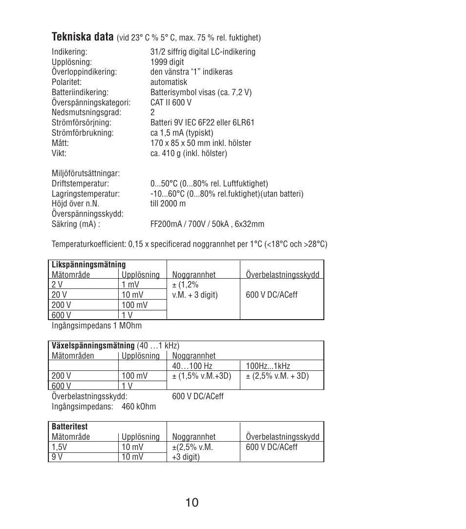 Tekniska data | Amprobe DM7C Digital-Multimeter User Manual | Page 72 / 76