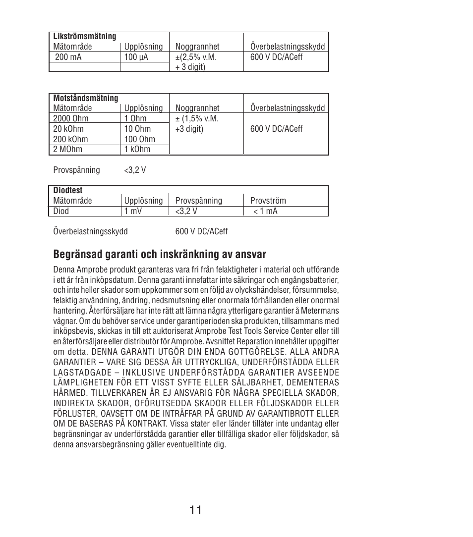 Begränsad garanti och inskränkning av ansvar | Amprobe DM7C Digital-Multimeter User Manual | Page 73 / 76