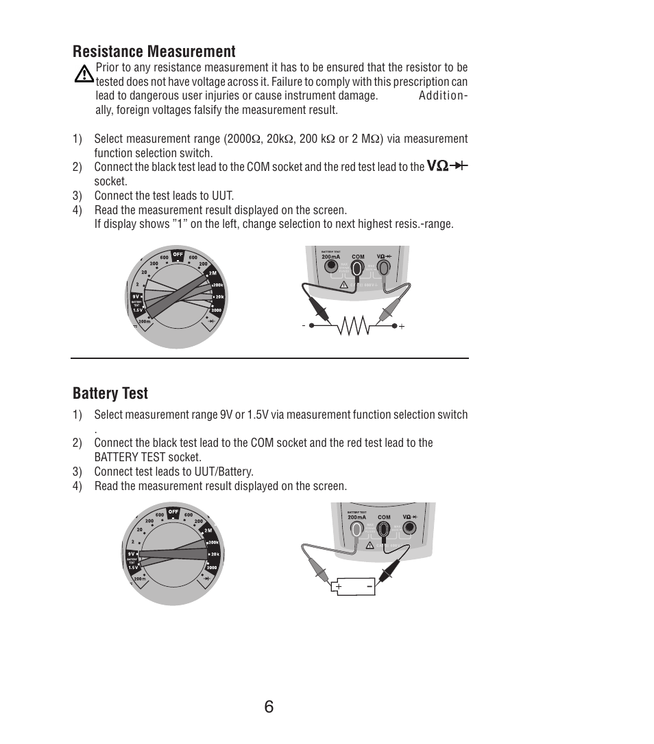 Resistance measurement, Battery test | Amprobe DM7C Digital-Multimeter User Manual | Page 8 / 76